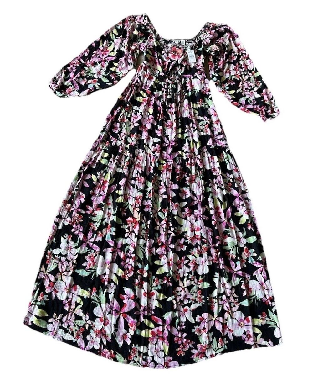 Roxy Floral Maxi Dress Womens Small Boho Cottage Cutout Puff Sleeve NWT Flowy